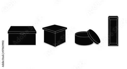 Set of four black silhouettes representing storage containers and a tall cylinder vector