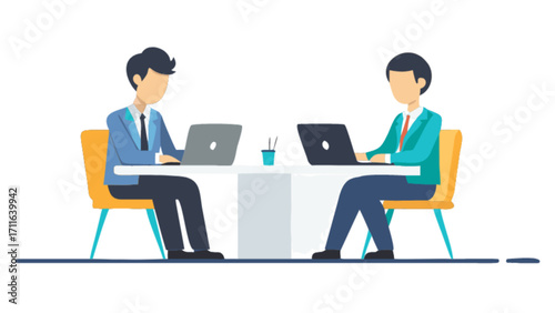 Two business professionals working on laptops at a table in a collaborative office environment