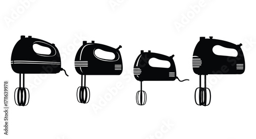 Four retro hand mixers lined up showing different angles studio shot vector