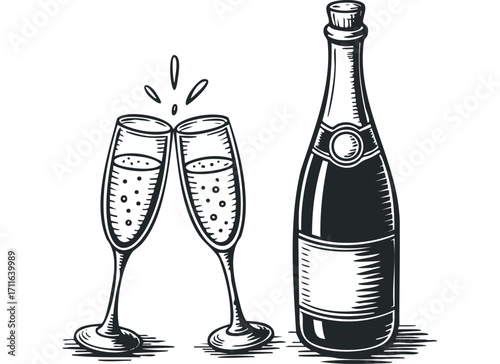 Sparkling wine bottle and two clinking champagne glasses. Vector hand drawn illustration