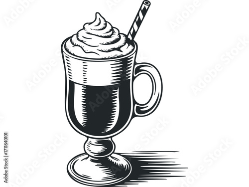 Vibrant drawing of whipped cream topped beverage with straw. Vector hand drawn illustration
