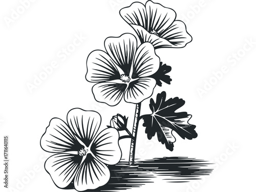 Monochromatic line art floral arrangement with blooming flowers and leaves. Vector hand drawn illustration