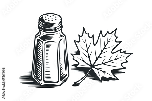 Glass salt shaker with maple leaf illustration on transparent background. Vector hand drawn illustration
