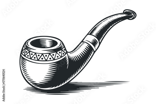 Black and white hand-drawn pipe with ornate rim details and shadow. Vector hand drawn illustration