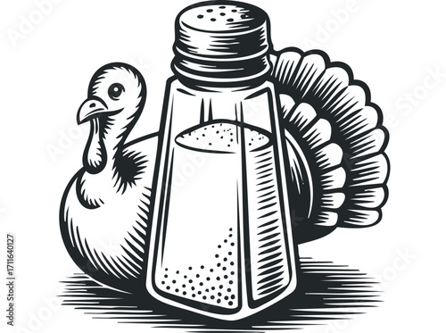 Woodcut style turkey and salt shaker. Vector hand drawn illustration