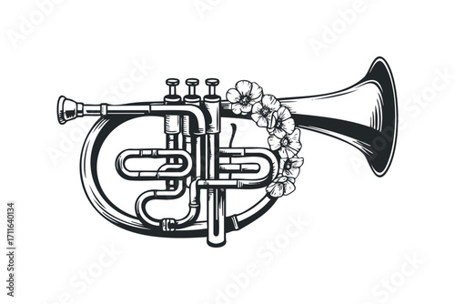 Ornate cornet adorned with blooming flowers, isolated on transparent. Vector hand drawn illustration