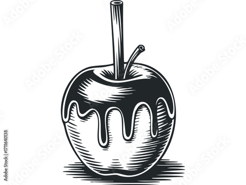 Line art candy apple with stick on transparent background. Vector hand drawn illustration