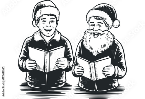 Two joyful men in winter hats singing from books. Vector hand drawn illustration