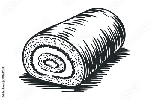 Black and white sketch of a Swiss roll cake slice on a transparent background. Vector hand drawn illustration