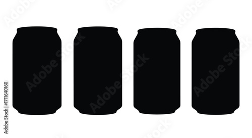 Four silhouette beverage cans lined up side by side studio shot minimalist design vector