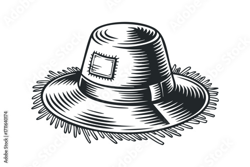 Traditional Straw Hat with Patch. Vector hand drawn illustration