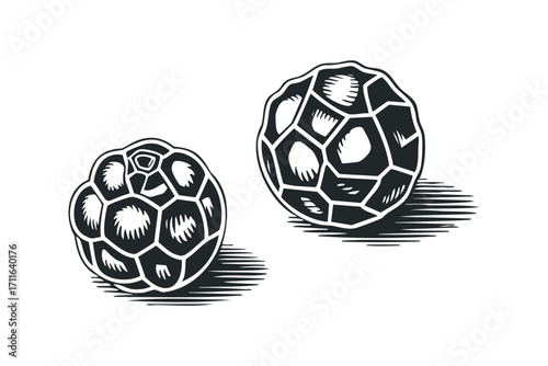 Two textured orbs with hexagonal segments presented on transparent. Vector hand drawn illustration