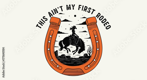 Cowgirl riding bucking bronco inside a horseshoe, western rodeo design for apparel and branding