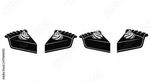 Four slices of rich chocolate pie with whipped cream topping and fluted crust vector