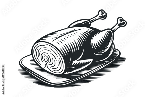 Whole roasted chicken on a serving platter, woodcut style. Vector hand drawn illustration