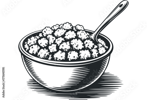 Bowl of porridge with spoon graphic on transparent background. Vector hand drawn illustration