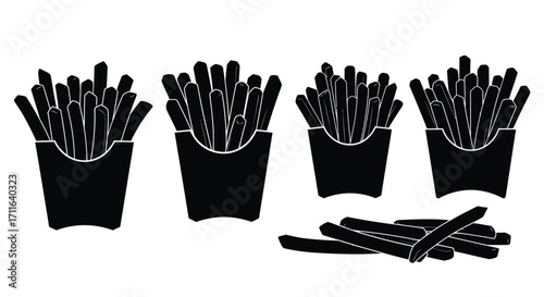 Four black silhouette french fries in paper containers and scattered fries close up vector
