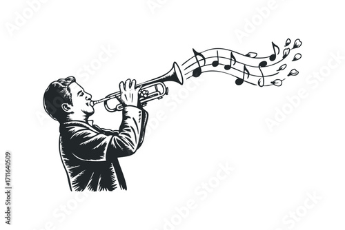 Man in Suit Playing Trumpet with Music Notes. Vector hand drawn illustration