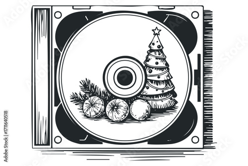 CD case with Christmas tree and tangerines sketch. Vector hand drawn illustration