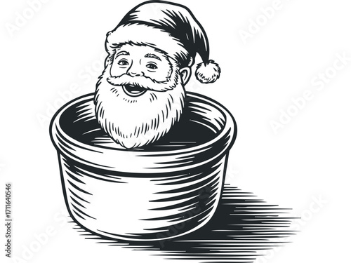 Santa Claus Head in a Bowl. Vector hand drawn illustration