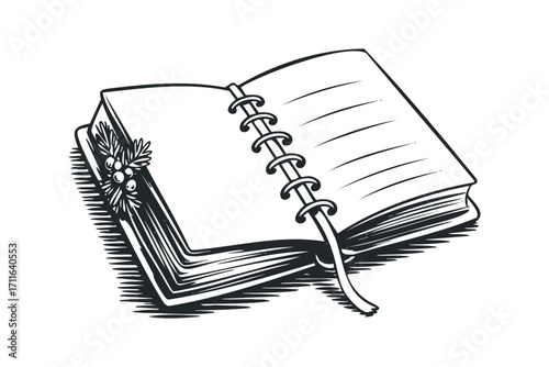 Open sketch book with spiral binding and foliage decoration. Vector hand drawn illustration