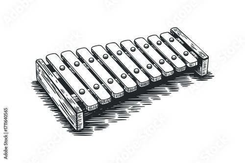 Wooden xylophone with metal bars on a transparent background. Vector hand drawn illustration