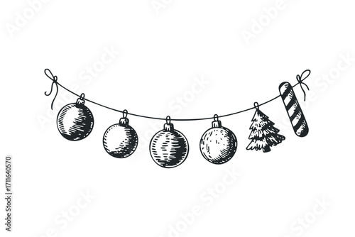 Christmas garland with baubles, fir tree, and candy cane. Vector hand drawn illustration