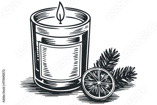 Pewter colored jar candle with citrus slice and evergreen sprig. Vector hand drawn illustration