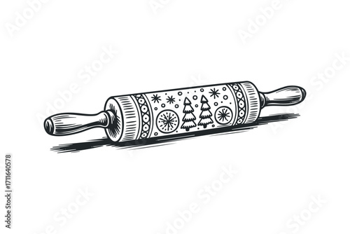 Wood Rolling Pin with Festive Christmas Tree and Snowflake Embossing. Vector hand drawn illustration