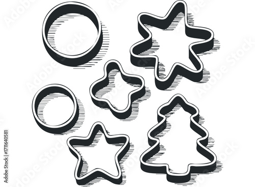 Set of five metal cookie cutters shapes circle star tree cloud isolated on white. Vector hand drawn illustration
