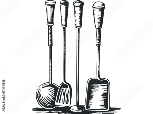 Set of kitchen utensils with transparent background. Vector hand drawn illustration