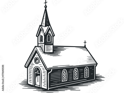 Vintage Style Wooden Church Building. Vector hand drawn illustration
