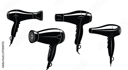 Collection of sleek black hair dryers arranged on a clean white surface vector