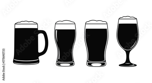 Dark beer assortment four different glass styles silhouette representation vector