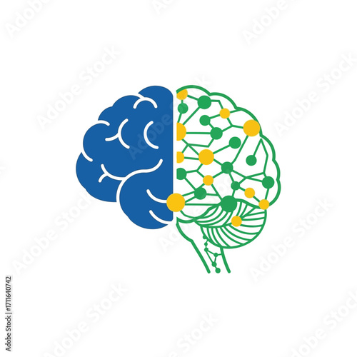 Conceptual illustration of a human brain merging with a digital circuit board representing artificial intelligence and machine learning