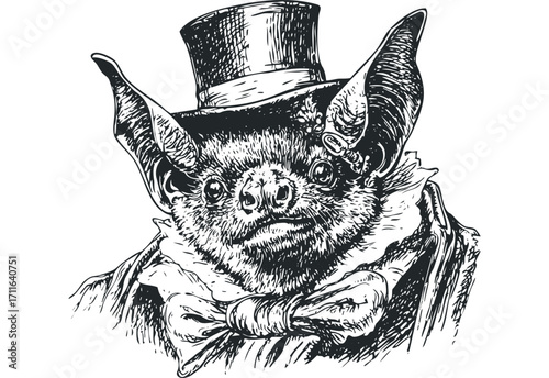 Detailed sketch of a formal bat wearing a top hat and bow tie. Vector hand drawn illustration