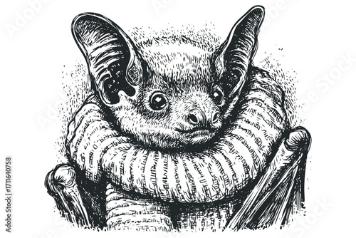 Detailed ink sketch of a small bat with large ears and textured fur. Vector hand drawn illustration