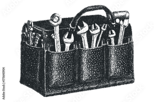 Tool Bag with Wrenches and Tools. Vector hand drawn illustration