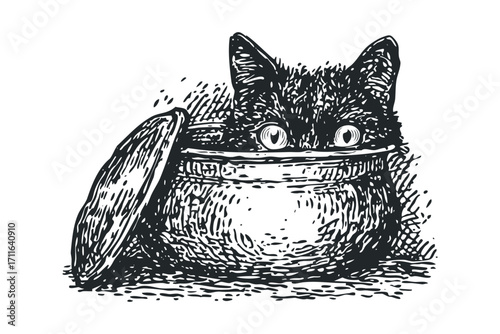 Kitten peeking from an open pot, monochrome woodcut style. Vector hand drawn illustration