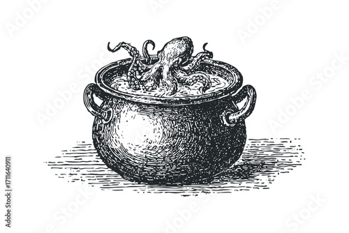 Octopus simmering in a rustic pot on a textured surface, graphic style. Vector hand drawn illustration