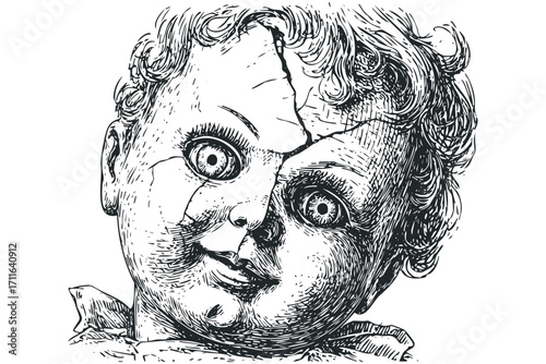 Vintage Doll Head with Cracked Porcelain Texture. Vector hand drawn illustration