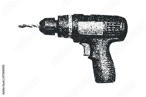 Black Handheld Drill with Drill Bit on White. Vector hand drawn illustration