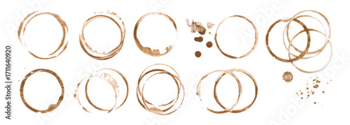 Coffee cup or tea stain drink ring vector illustration set isolated on white background. Coffee stain mark trace ring cup spot trace. Brown round splashes of drink collection.