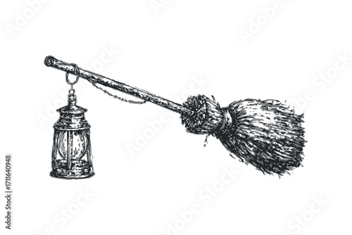Vintage broom with lantern. Vector hand drawn illustration