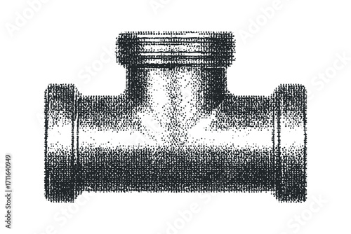 Tee pipe fitting with threaded connectors. Vector hand drawn illustration
