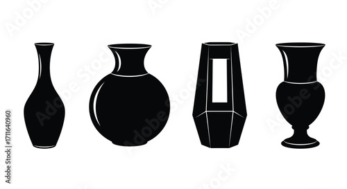 Set of four elegant black silhouette vases in various classic and modern shapes for home decor vector