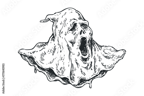Scary ghost monster with open mouth on transparent background. Vector hand drawn illustration