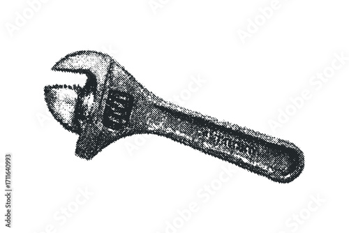 Adjustable Wrench Halftone on Transparent Background. Vector hand drawn illustration