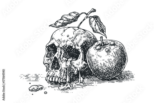 Line drawing of a melting skull with an apple and leaves on transparent background. Vector hand drawn illustration