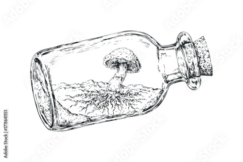 Ink sketch of a mushroom with visible roots in a clear glass bottle on white. Vector hand drawn illustration